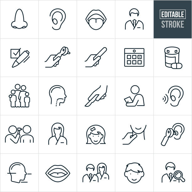 Otolaryngology Thin Line Icons - Editable Stroke A set of ENT icons that include editable strokes or outlines using the EPS vector file. The icons include an ear nose and throat doctor, ENT, otolaryngologist, human nose, human ear, human mouth, human throat, checklist, otoscope, tongue depressor, calendar, medication, family, surgery, medical checkup, nurse, little girl, little boy, doctor search and other related icons. human ear stock illustrations