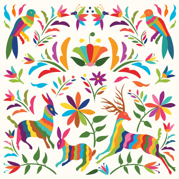 Otomi Texture Colorful Mexican Traditional Textile Embroidery Style from Tenango, Hidalgo; México craft product stock illustrations