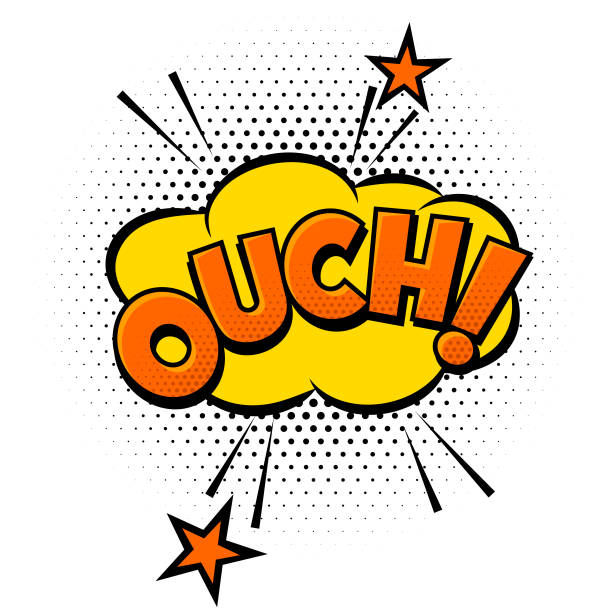 Ouch Three Dimensional Ouch Text on Exploding. Comic Book Styled Sound Effect. pain backgrounds stock illustrations