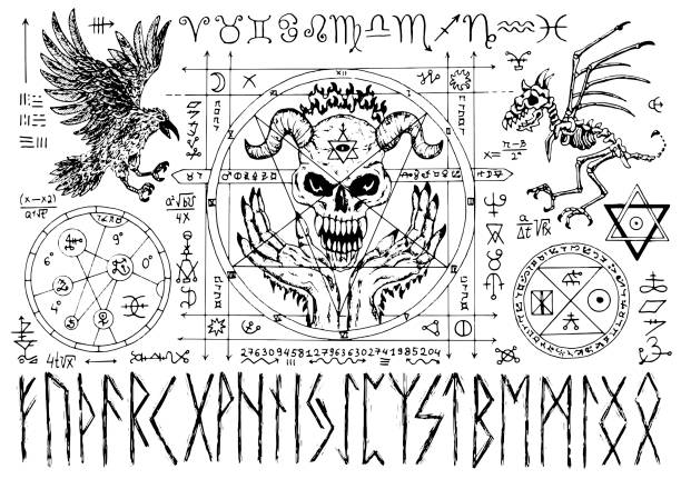 Ouija magic spiritual board design with evil face, runes and pentacle on white background. Ouija magic spiritual board design with evil face, runes and pentacle on white background. Esoteric, occult and sacred geometry illustration with mystic and gothic symbols, vector drawing ouija board stock illustrations