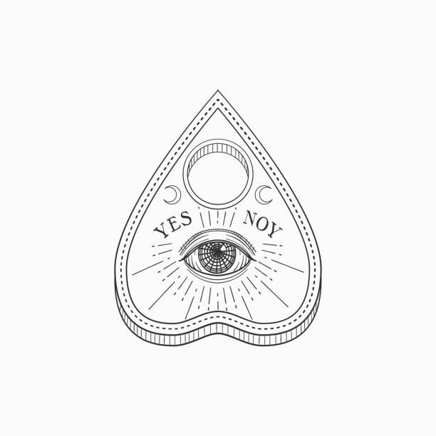 Ouija planchette with eye of providence. Witch and magic symbol, monochrome vector illustration, isolated on white background Ouija planchette with eye of providence. Witch and magic symbol, monochrome vector illustration, isolated on white background. ouija board stock illustrations