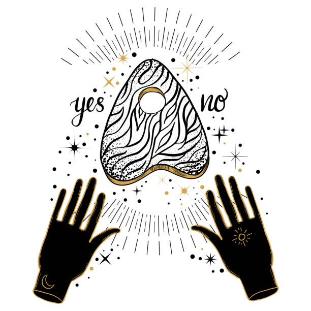 Ouija planchette with hands of fortune teller. Vector illustration isolated on white. Dark gothic witchy vibes. Ouija planchette with hands of fortune teller. Vector illustration isolated on white. Dark gothic witchy vibes. ouija board stock illustrations