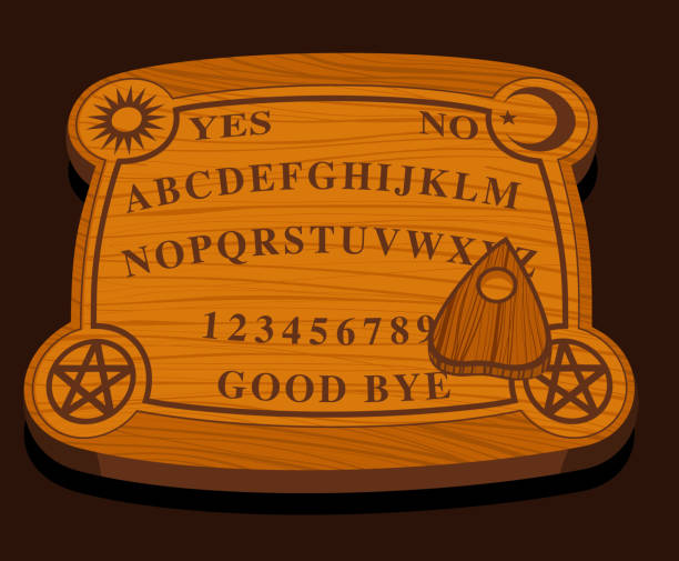 Ouija wooden Board Magical ouija wooden Board vector illustration, with letters and numbers, good bye sign and yes or no. ouija board stock illustrations
