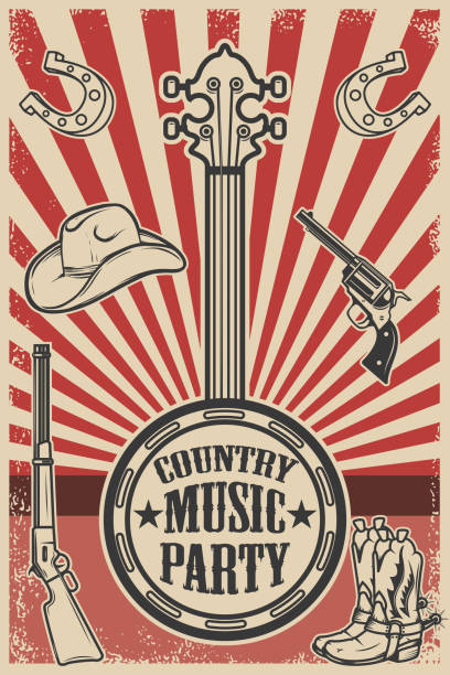 сountry müzik parti poster şablonu. vintage banjo grunge arka plan üzerinde. kovboy şapkası ve botlar, tabanca, tüfek. vektör çizim - texas shooting stock illustrations