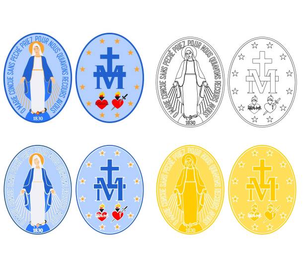 медаль богоматери благодати окрашена и наброски - madonna stock illustrations