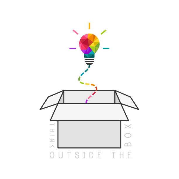 Out of the box thinking concept Out of the box thinking concept with colorful low poly light bulb outside the box stock illustrations