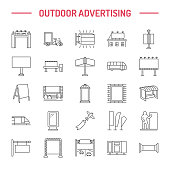 Outdoor advertising, commercial and marketing flat line icons. Billboard, street signboard, transit ads, posters banner and other promotion design element. Grey color. Trade objects thin linear sign.