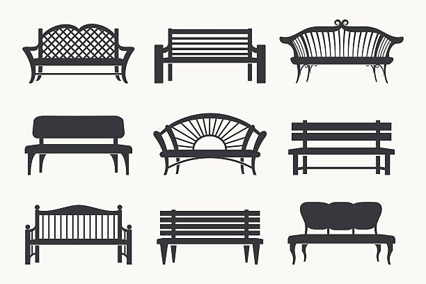 Outdoor benches icons Outdoor benches icons. Bench black icons vector illustration park bench stock illustrations