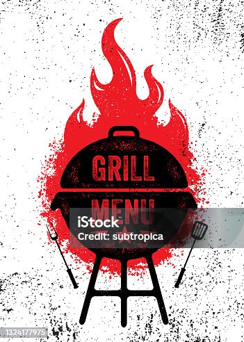 istock Outdoor Grill BBQ Restaurant Menu Vector Cover. Meat Food Design Element On Rough Background. Fire Flame Illustration on Grunge Wall 1324177975