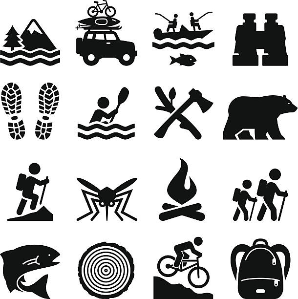Outdoor Recreation Icons - Black Series Camping, adventure and outdoors icons. Vector icons for print or Web projects.  What's included in this set: Landscape, Vacation, Fishing, Binoculars, Footprints, Kayak, Chopping Wood, Bear, Mountain Climbing, Mosquito, Fire, Hiker, Fish, Log, Mountain Biking, Backpack river clipart stock illustrations