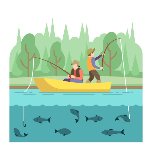 Outdoor summer activities. Fishing sport vector concept Outdoor summer activities. Fishing sport vector concept. Summer vacation fishing, illustration outdoor river boat pond stock illustrations
