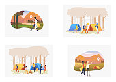 Outdoor travel set. Campers hiking, relaxing, enjoying nature near tents. Flat vector illustrations. Adventure tourism concept for banner, website design or landing webpage