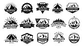 Outdoors nature badges. Adventure emblem, vintage wilderness label and outdooring camping badge. Mountain tourism, forest adventure patches. Vector illustration isolated icons set