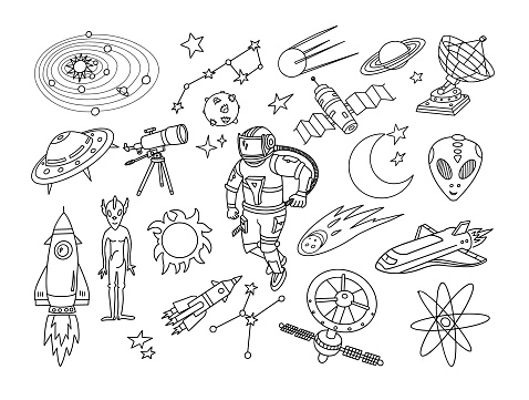 Outer Space Doodle Set. Vector illustration.