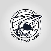 Spaceship and astronaut in spacesuit in outer space - cut out vector badge