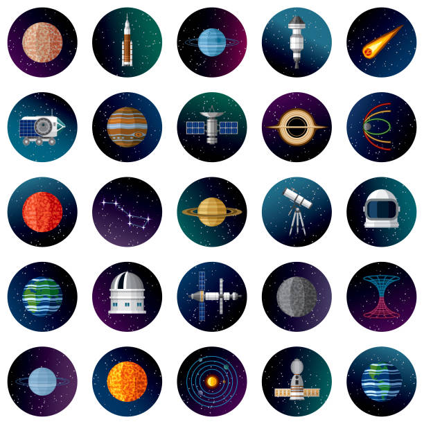 Outer Space Icon Set A set of outer space icons. The background is a gradient mesh and can easily be removed. soyuz space mission stock illustrations