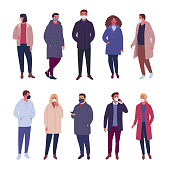 Vector illustration of multiethnic group of people wearing demi-season clothes and different types of protective medical masks. Isolated on white