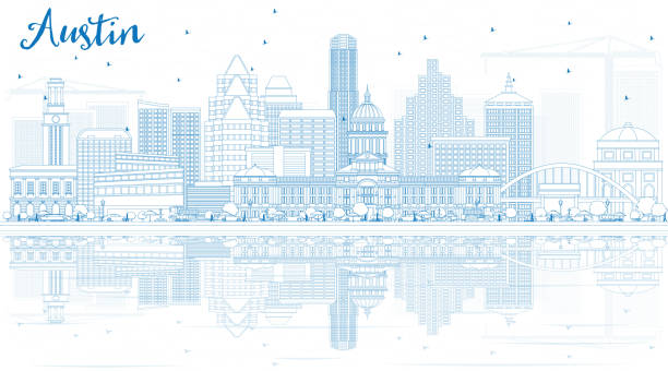 Outline Austin Skyline with Blue Buildings and Reflections. Outline Austin Skyline with Blue Buildings and Reflections. Vector Illustration. Business Travel and Tourism Concept with Modern Architecture. Image for Presentation Banner Placard and Web Site. austin texas stock illustrations
