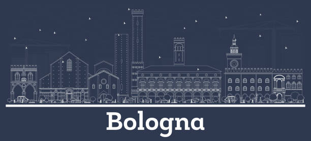 illustrazioni stock, clip art, cartoni animati e icone di tendenza di delinea lo skyline della città di bologna italia con edifici bianchi. - bologna
