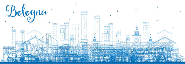 illustrazioni stock, clip art, cartoni animati e icone di tendenza di delinea lo skyline di bologna con punti di riferimento blu. - bologna