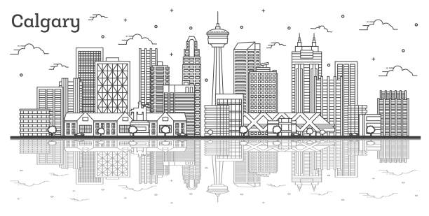 Outline Calgary Canada City Skyline with Modern Buildings and Reflections Isolated on White. Outline Calgary Canada City Skyline with Modern Buildings and Reflections Isolated on White. Vector Illustration. Calgary Cityscape with Landmarks. calgary stock illustrations