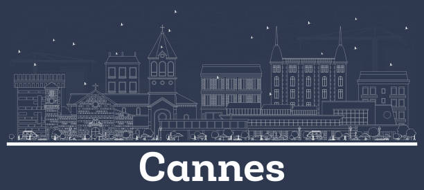 illustrazioni stock, clip art, cartoni animati e icone di tendenza di delinea lo skyline di cannes france city con edifici bianchi. - cannes