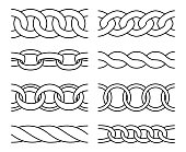 Outline chain patterns. Heavy metal chains links seamless pattern line ornaments, drawing iron borders isolated on white background