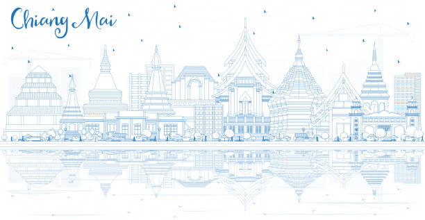 stockillustraties, clipart, cartoons en iconen met overzicht chiang mai thailand stad skyline met blauwe gebouwen en reflecties. - chiang mai stad