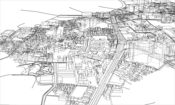 都市の概念の概要。ワイヤフレームスタイル - 街　俯瞰点のイラスト素材／クリップアート素材／マンガ素材／アイコン素材
