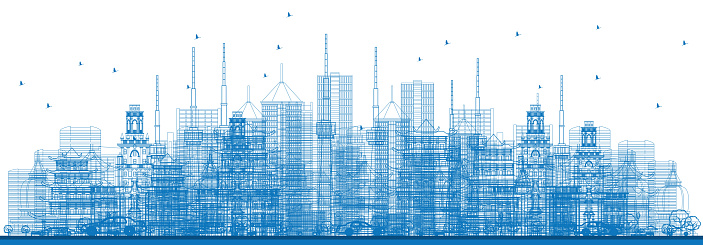 Outline City Skyscrapers and Buildings in Blue Color.