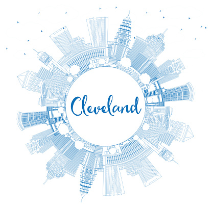 Outline Cleveland Ohio City Skyline with Blue Buildings and Copy Space.