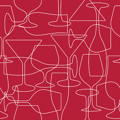Vector line art cocktail classes on a maroon square background.
