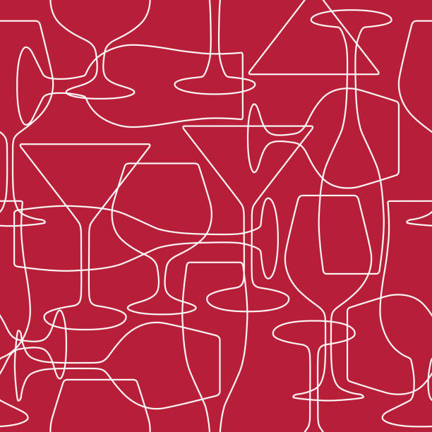 Outline Cocktail Glasses Seamless Pattern Vector line art cocktail classes on a maroon square background. cocktail backgrounds stock illustrations