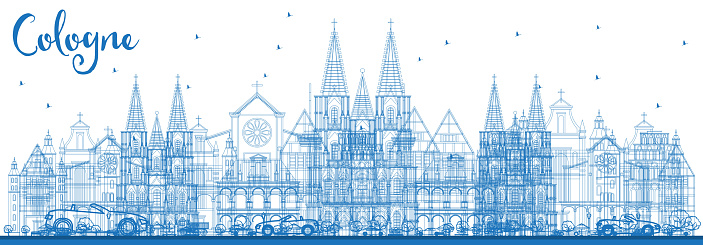 Outline Cologne Germany City Skyline with Blue Buildings.