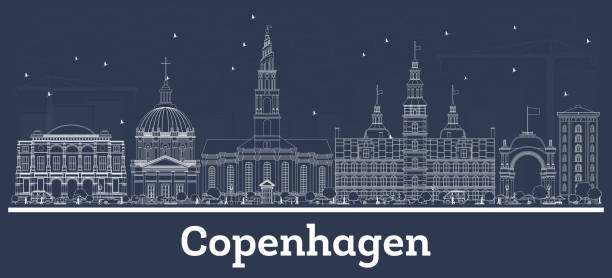 очертуйте копенгаген дания сити скайлайн с белыми зданиями. - copenhagen stock illustrations
