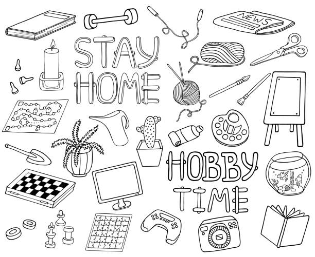 Outline doodle hobbies set. Stay home concept. Top table and video games, painting, reading, sport, knitting, gardening vector illustration. Hand drawn elements for coloring, banners, design. Outline doodle hobbies set. Stay home concept. Top table and video games, painting, reading, sport, knitting, gardening vector illustration. Hand drawn elements for coloring, banners, design chess drawings stock illustrations