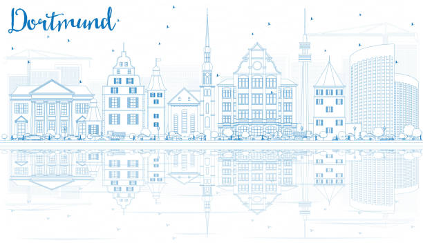 очертуйте горизонт дортмунда с голубыми зданиями и отражениями. - dortmund stock illustrations