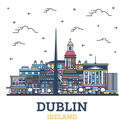 Outline Dublin Ireland City Skyline with Colored Historic Buildings Isolated on White.