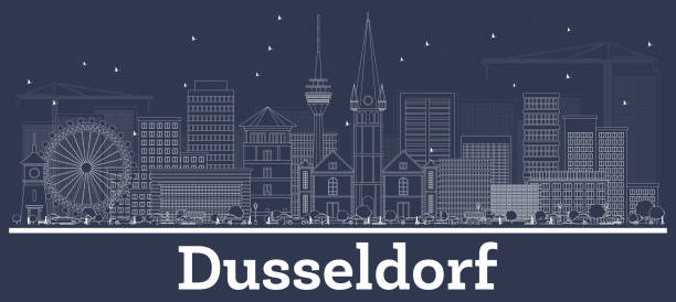 outline düsseldorf deutschland skyline mit weißen gebäuden. - düsseldorf stock-grafiken, -clipart, -cartoons und -symbole