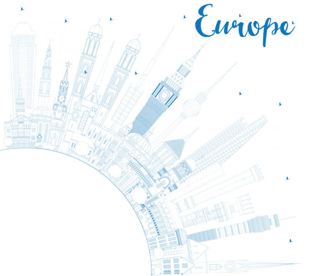 ilustrações de stock, clip art, desenhos animados e ícones de outline europe skyline silhouette with blue landmarks and copy space - taxi lisboa