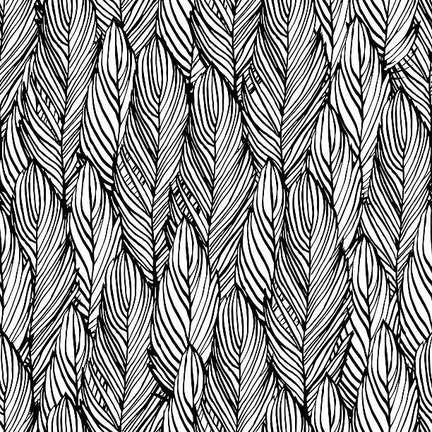 Outline feather seamless pattern Outline hand draw feather seamless pattern, black and white colored design background feather stock illustrations