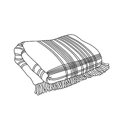 Outline folded Checkered Tartan Plaid with fringe. Warm Woolen Blanket. Cozy Autumn, Winter cold season. Hand drawn vector realistic design element isolated