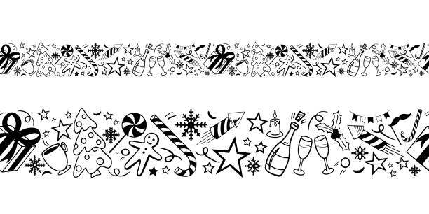 Outline hand drawn doodle border pattern with objects and symbols on the New Year and Christmas. Vector illustration. Outline hand drawn doodle border pattern with objects and symbols on the New Year and Christmas theme. Vector illustration on white background. silhouette of christmas cookie border stock illustrations
