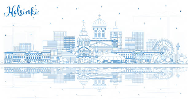 概述赫爾辛基芬蘭城市天際線與藍色建築和反射。 - uusimaa 幅插畫檔、美工圖案、卡通及圖標
