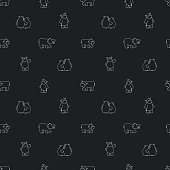 Outline hippo seamless repeat pattern, black white colors. Chalk board effect. Hippos stand, sit, give a hug to female hippo, walk, look to somewhere