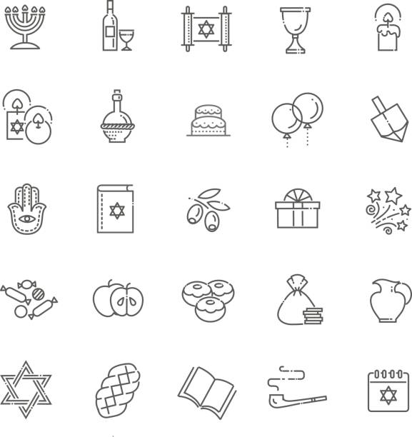 Outline icon collection - Symbols Of Hanukkah Israel Judaism Icons Collection. Line Happy Hanukkah Icons Set. star of david stock illustrations