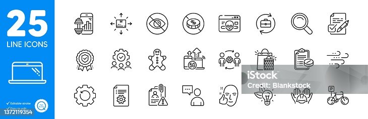 istock Outline icons set. 5g internet, Cardboard box and Not looking icons. For website app. Vector 1372119354