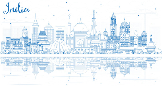 Outline India City Skyline with Blue Buildings.