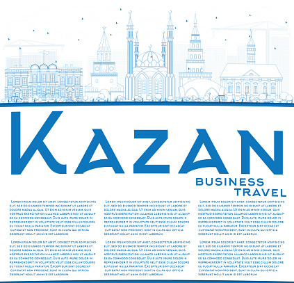 Outline Kazan Skyline with Blue Buildings and Copy Space.