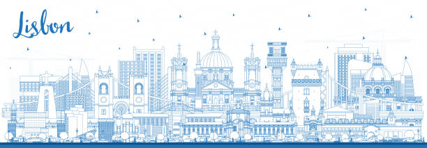 ilustrações de stock, clip art, desenhos animados e ícones de outline lisbon portugal city skyline with blue buildings. - taxi lisboa